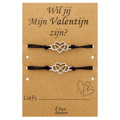 Koppel Armbandjes voor 2 "Wil jij mijn Valentijn Zijn?" - Hartje in Oneindigheidsteken - Vriendschapsarmbandjes met Persoonlijk Cadeau Kaartje - Zilverkleurig - Elastisch Verstelbaar - Pax Amare
