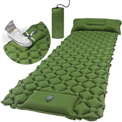 Luchtbed voor 1 Persoon - Legergroen Oplaadbaar Slaapkussen voor Buiten - Zelf-opblazen met Voetpomp - Waterafstotend Vlekbestendig - 150kg Gewichtslimiet - Lichtgewicht 40D Nylon TPU