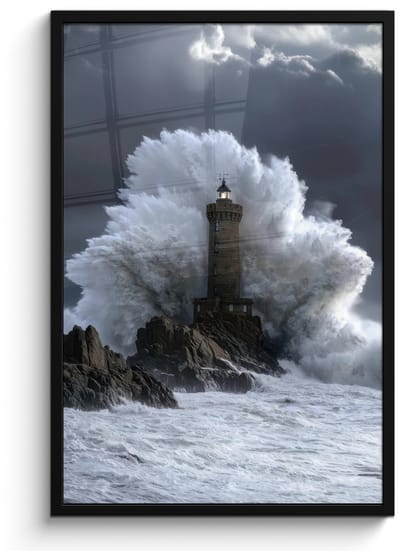 Poster in lijst - Fotolijst 60x90 cm - Posters - Golf - Vuurtoren - Schuimend water - Posterlijst zwart - Decoratie - Wanddecoratie woonkamer - Muurdecoratie slaapkamer