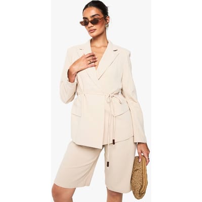 boohoo Dames Linnen Wrap-Over Blazer met Kralen en Strikdetail | Steen | Maat: 34