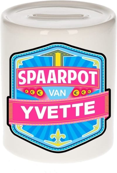 Bellatio Decorations Kinder spaarpot met naam - Yvette - keramiek - met dop - wit - Sparen - Spaargeld van Yvette