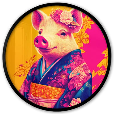 Poster in lijst Rond - Fotolijst 40x40 cm - Posters - Varken - Bloemkroon - Kimono - Abstract - Ronde posterlijst zwart - Decoratie - Wanddecoratie woonkamer - Muurdecoratie slaapkamer