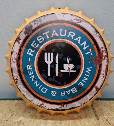 Restaurant Metalen bierdop wandbord - 35cm Rond - Mancave - Wand Decoratie - Metal sign - Mancave decoratie - Decoratie - Metalen bierdoppen - Tekst borden - Metalen bord