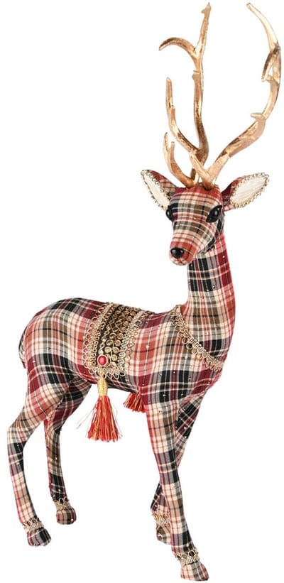 Dekoratief | Deco hert staand geruit, rood/goud, stof, 32x17x42cm | A255352