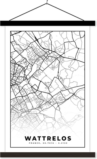 Posterhanger incl. Poster 40x60 cm - Schoolplaat - Frankrijk – Kaart – Plattegrond – Stadskaart - Wattrelos - Zwart wit - Textielposter - Zwarte latten - Stadskaart