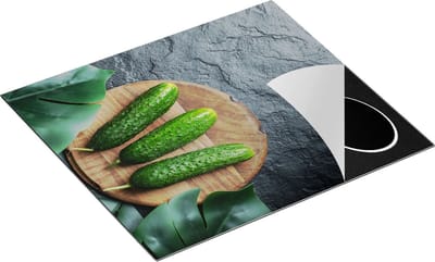 Chefcare Inductie Beschermer Komkommers met Bladeren op Zwarter Marmer - 60x50 cm - Afdekplaat Inductie - Kookplaat Beschermer - Inductie Mat