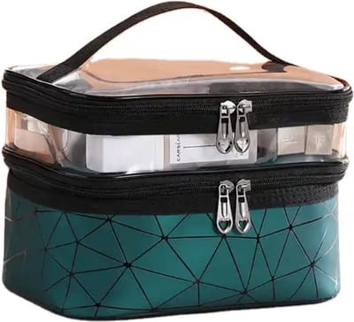 Make-up Organizer met Transparant Vak – Dubbele Toilettas Dames – Cosmetica Organizer voor Reizen – Groen/Zwart