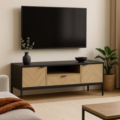 Fameilleur -TV-Meubel met visgraat design – 120x40x45 cm –Moderne TV-Kast met Lade & Deurtjes –Industrieel TV-Dressoir – Houtlook met Zwarte Accenten -Kabeldoorvoer -Woonkamer TV-Tafel met Veel Opbergruimte-TV Kast-houten tv meubel- televisie meubel-