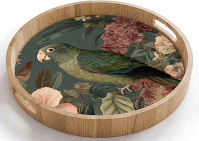 Dienblad rond 40x40 cm - Schootdienblad hout - Groene papegaai - Kleurrijke bloemen - Donkere achtergrond - Borrelplank rechthoek - Plateau houten dienbladen
