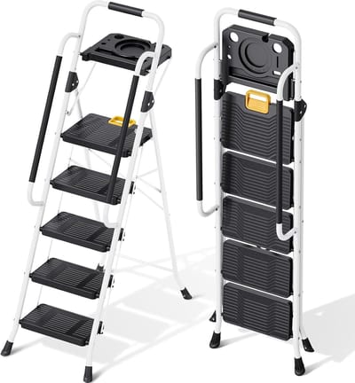 Opvouwbare Huishoudladder - Trapladder Vouwladder - Klusjes in huis - Met Gereedschapsplateau - 5 Treden - Wit