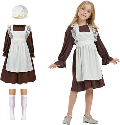 Victoriaanse Meisjes Kostuum, Middeleeuwse Jurk met Mop Cap en Witte Sokken, Perfect voor Halloween en Wereld Boekendag