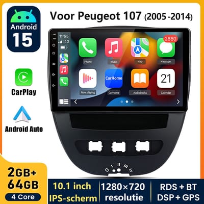 HexinexMarket 10.1" Autoradio Geschikt voor Peugeot 107, Toyota Aygo, Citroën C1 (2005-2014) - Draadloos CarPlay, Android Auto, GPS Navi, multimediaspeler, 2GB+64GB