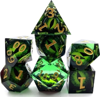 Lapi Toys - Dungeons and Dragons dobbelstenen - DnD Dice - Polydice - Dobbelstenen Dungeons Dragons - D&D dobbelstenen - DnD Dice Set - 1 set (7 stuks) - Met ogen - Sharp Edge - Resin - Transparant en groen