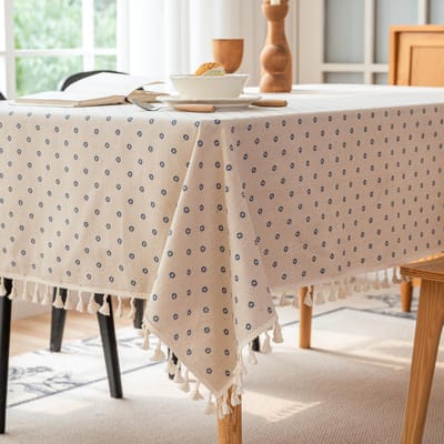 Nappe Vintage en Coton Lin Motif Floral Nappe avec Pompon Lavable Couvre-Table pour Dîner, Pique-nique, Décor de Table 140X140cm