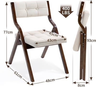 HOMEFUN Opvouwbare Stoelen met Kussen, 2 Stuks Houten Opvouwbare Stoelen met Vulling, Draagbare en Gemonteerde Eetkamerstoelen voor Gasten, Keuken, Kantoor, Trouwfeest en Feestje, Crème