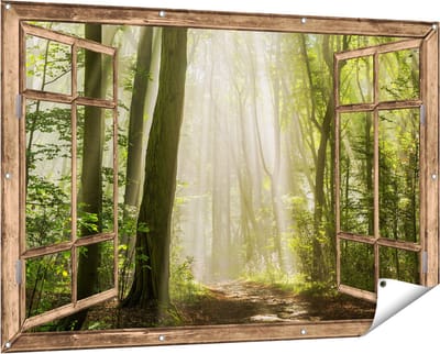 Gards Tuinposter Doorkijk Bos met Bomen en Zonneschijn - 150x100 cm - Tuindoek - Tuindecoratie - Wanddecoratie buiten - Tuinschilderij