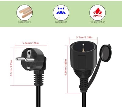 Hoekstekkerverlengkabel 90° voor Buiten - Geaarde Stekker, IP44 Waterdicht, 16A/250V, Zwart, 0,3m