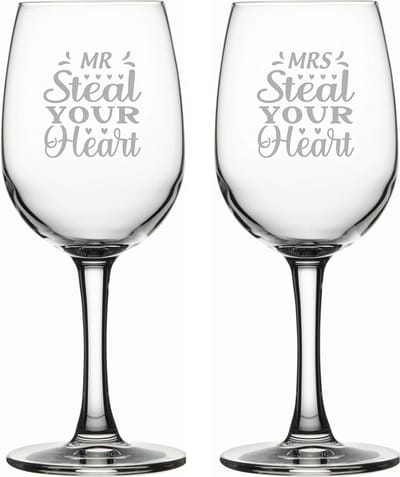 Gegraveerde set witte wijnglazen 26cl Mr. Steal your heart - Mrs. Steal your heart