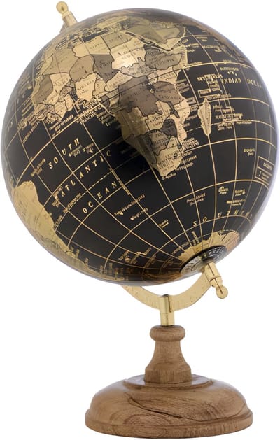 Arte R Decoratie Wereldbol / globe - zwart - houten voet - D21 x H31 cm - landen topografie