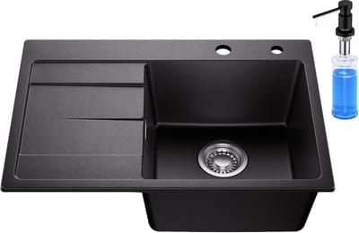 CECIPA max Granieten Spoelbak 65x45CM - Spoelbakken Keuken Met Zeepdispenser 300ML - Spoelbak Met Planchet en Afdruiprek - Spoelbakken Incl. Sifon en Afvoerzeefje - Zwart