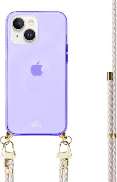 xoxo Wildhearts silicone case met koord - Paars telefoonhoesje met koord - telefoonketting - Aqua Pink - Cord Case - geschikt voor Apple iPhone 14 - Lichtblauw / Roze gestreept koord