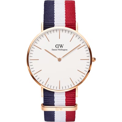 Daniel Wellington Classic Cambridge - Horloge - Blauw/Wit/Rood Nato Band - Rosékleurige Kast