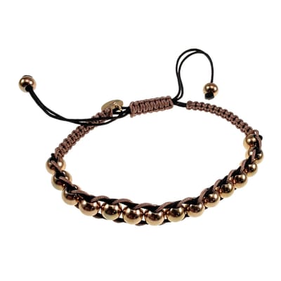Bruin-Zwarte Macramé Armband met Roségoudkleurige RVS Kralen, Armband Unisex – Verstelbaar 15 tot 19cm - Handgemaakt