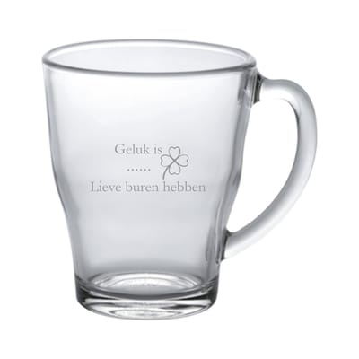 theeglas - glaswerk - theeglas burendag - theeglas voor de buren - glas met gravering - zandstralen - cadeau voor de buren - uniek en origineel - cadeau van glas - glas cadeau - theetje drinken