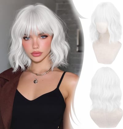 Witte Pruik - Witte Pruiken voor Dames - Golvend - met Pony en Slag - Cosplay Pruik Zacht Wit - voor Carnaval Themafeest Halloween Cosplay - Wasbaar - 35 cm