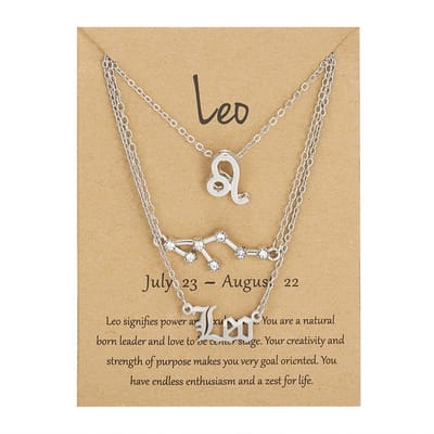Bixorp Stars Set van 3 Leeuw / Leo Kettingen - Zilverkleurige Ketting op Cadeau Kaartje - Sterrenbeeld / Zodiac Sieraden Set