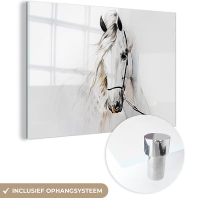 MuchoWow® Glasschilderij 60x40 cm - Schilderij acrylglas - Paard - Waterverf - Dieren - Wit - Foto op glas - Schilderijen