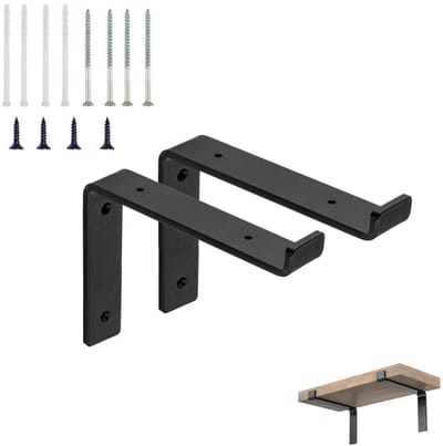 Set van 2 stuks - Plankdragers - 20 cm randgeleide plankdragers - Industriële gesmede stalen hangende plankdragers - Metalen plankdragers - Wandgemonteerde plankdragers - Zware zwarte plankdragers - Geschikt voor wandmontage en open planken