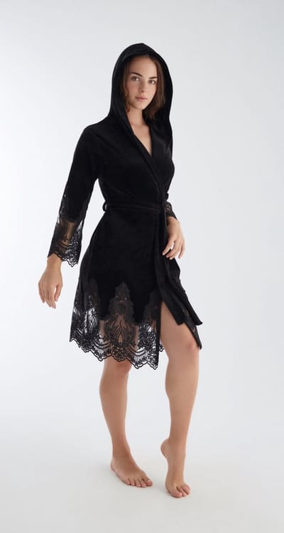 Dames Velour Katoen Badjas / Ochtendjas Kamilla / Zwart kleur/ maat S