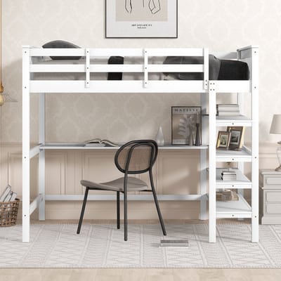 Wishdor – Hoogslaper 140x200 cm – Met Bureau & Opbergvakken – Minimalistisch Design – Strak & Ruim – Grenen & MDF – Wit