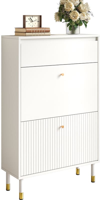 Clruro Schoenenkast - 65 x 24 x 104 cm - met klepvakken en reliëffront - PB + MDF - Wit