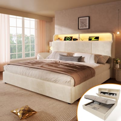 Gutent-Gestoffeerd tweepersoonsbed 180x200 cm-met in hoogte verstelbaar opberghoofdeinde-beige-zonder matras