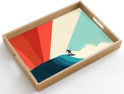 Dienblad hout 50x35 cm - Schootdienblad - Surfer - Abstract - Golven - Zonnestralen - Borrelplank rechthoek - Plateau dienbladen