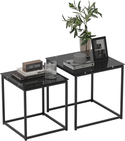 Set van 2 Elegante Bijzettafels met Glazen Blad - Modern Design voor Woonkamer en Slaapkamer