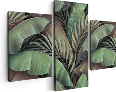 Artaza Canvas Schilderij Drieluik Tropische Bladeren - 90x60 cm - Wanddecoratie Woonkamer - Schilderijen - Muurdecoratie