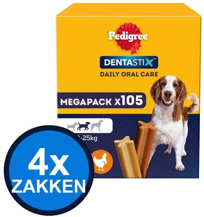4x Pedigree - Dentastix Medium Mega Pack 105-pack Multipack (15x110g) - Hondenvoer Snacks - 1.65 kg
