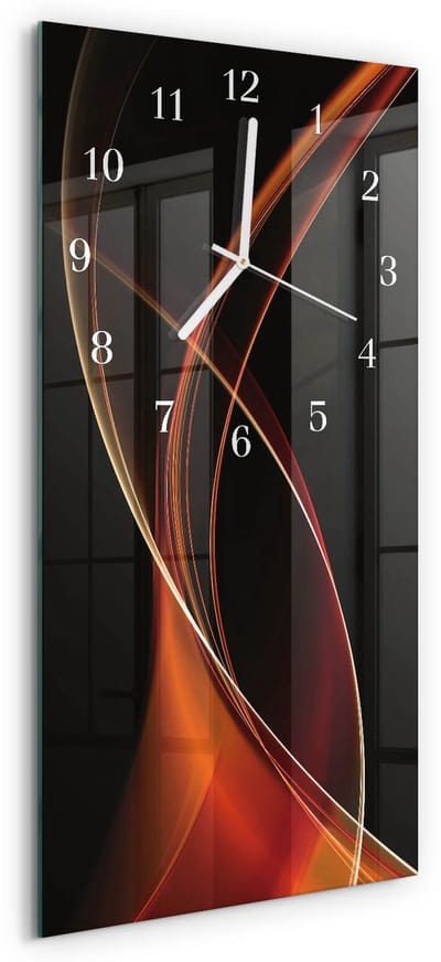 Tulup Wandklok - Abstracte lijnen Wandklok Glas Met Motief - 30x60 cm - Oranje Decoratieve Glazen Klok - Witte Handen - Rechthoekige Wandklok - Wandklok Glas Met Motief - Decoratieve Glazen Klok