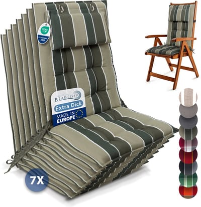 Beautissu Sun-HL - Set van 7 Premium Hoge Rugleuning Kussen met Hoofdkussen 120x50 cm – UV-bestendig & 8cm Dik Kussen Tuinstoelkussen Antislip Bevestigingsbanden – Stevige Stof Groen gestreept