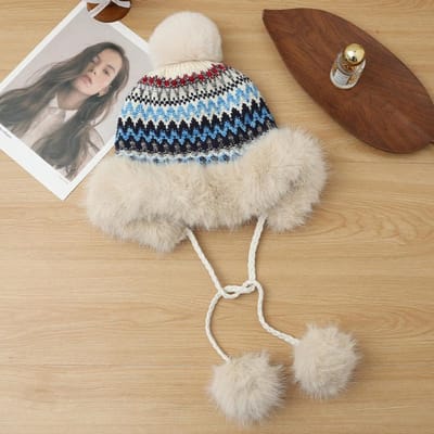 Winter Retro Etnische Stijl Gebreide Muts voor Dames Verdikte Fluweel Koudebestendig Wolmuts Warm Oorbescherming Pompon Hoofddeksel One Size gray