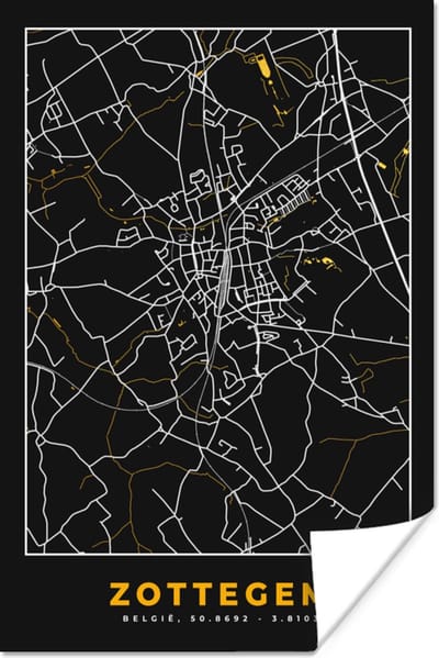 Poster Kaart - Goud - Plattegrond - Zottegem - Stadskaart - 120x180 cm XXL