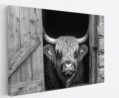 Saammp - Canvas Schilderij - Schotse Hooglander Koe Vanuit een schuur - Landschap - Dieren - Natuur - 60x40 - Foto op canvas - Wanddecoratie - muurdecoratie Woonkamer - Slaapkamer decoratie - Canvas Print