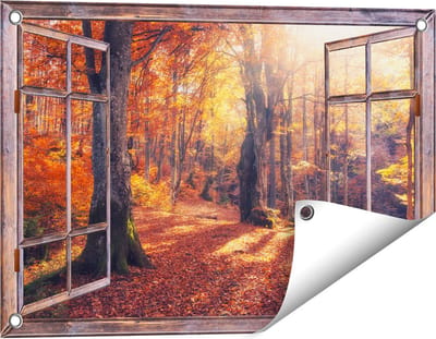 Gards Tuinposter Doorkijk Oranje Herfstbos met Zonneschijn - 60x40 cm - Tuindoek - Tuindecoratie - Wanddecoratie buiten - Tuinschilderij