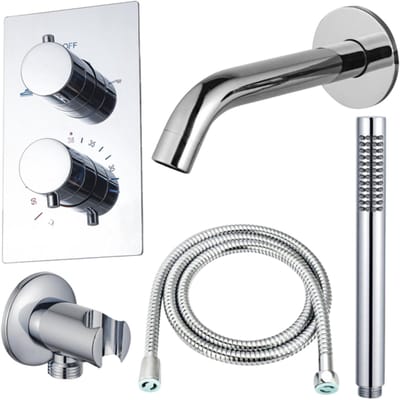 FugaFlow Eccelente Acces Badkraan set - uitloop - 22cm inkortbaar - metalen slang - staafhanddouche - inbouwdeel - wandhouder - chroom