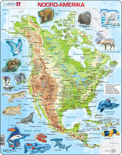 Larsen Noord-Amerika geografisch met dieren – Puzzel – Kaarten & Geografie – Noord-Amerika – Educatieve legpuzzel voor kinderen – 66 stukjes – Gemaakt in Noorwegen – Extra dikke 2,5 mm stukjes – Tray met vaste rand