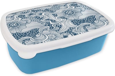 Broodtrommel Blauw - Lunchbox - Brooddoos - Patroon - Bloemen - Botanisch - 18x12x6 cm - Kinderen - Jongen