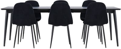 Ellis eethoek tafel 85x230cm en 6 teddy stoelen zwart.